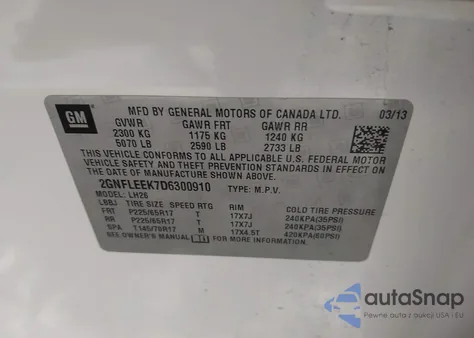 2013 Chevrolet Equinox 1Lt from USA, damaged, VIN 2GNFLEEK7D6300910